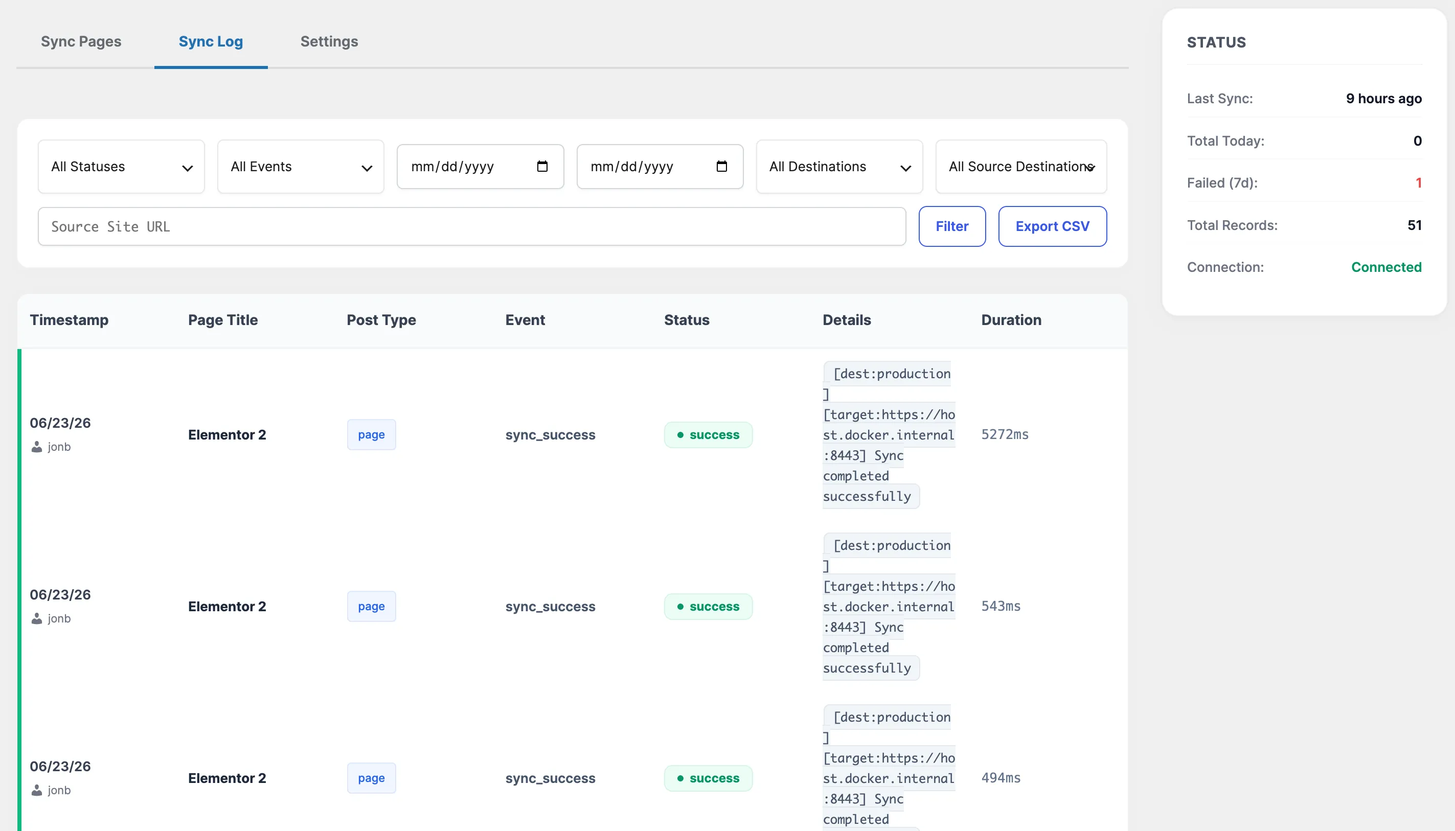 The Sync Log tab: filter controls for status, event, date range, and destination above a table of sync events, each showing page title, event type, status, destination details, and duration.